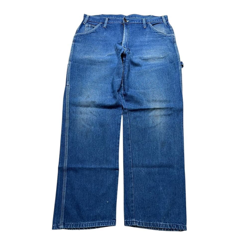 Vintage 80s Dickies Carpenter Jeans Actual Sz 36x28 Blue  Talon Zip Distressed